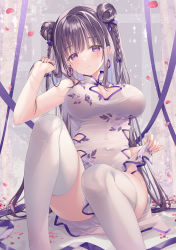 Rule 34 | 1girl, bare shoulders, blush, braid, breasts, china dress, chinese clothes, cleavage cutout, clothing cutout, commentary request, double bun, dress, feet out of frame, hair bun, hand up, highres, holding, holding hands, holding own hair, large breasts, legs, long hair, looking at viewer, original, parted lips, purple eyes, purple hair, purple ribbon, ribbon, sitting, solo, sousouman, thighhighs, twintails, very long hair, white dress, white thighhighs
