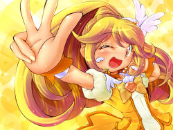 Rule 34 | 10s, 1girl, ;d, blonde hair, bow, bowtie, brooch, choker, cure peace, earrings, eyelashes, hair flaps, hair ornament, hairpin, heart, heart background, jewelry, kise yayoi, long hair, magical girl, one eye closed, open mouth, precure, puffy sleeves, shinto i, smile, smile precure!, solo, v, wink, yellow background, yellow bow, yellow eyes, yellow theme