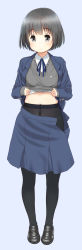 Rule 34 | 1girl, absurdres, black eyes, black footwear, black hair, black pantyhose, blue background, blue jacket, blue ribbon, blue skirt, closed mouth, clothes lift, collared shirt, crotch seam, full body, grey sweater, highres, jacket, lifted by self, loafers, long sleeves, medium skirt, navel, neck ribbon, open clothes, open fly, open jacket, original, pantyhose, retsumaru, ribbon, shirt, shoes, short hair, simple background, skirt, sleeves past wrists, smile, solo, standing, sweater, sweater lift, tareme, white shirt