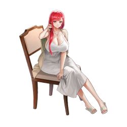 Rule 34 | 1girl, alternate hairstyle, blush, breasts, chair, cleavage, dress, earrings, flip-flops, full body, highres, hongryeon (last origin), huge breasts, jewelry, last origin, long hair, looking at viewer, mole, mole under eye, nail polish, necklace, official art, ponytail, purple eyes, red hair, red nails, sandals, sitting, skindentation, smile, solo, tachi-e, taesi, transparent background, white dress