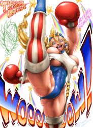 Rule 34 | 1girl, abs, ass, blonde hair, blue eyes, boxing gloves, breasts, bursting breasts, clothing cutout, earrings, gluteal fold, headband, highleg, highleg leotard, huge breasts, jewelry, justice gakuen, kari syoboon 22, leotard, long hair, muscular, muscular female, revealing clothes, sleeveless, standing, standing on one leg, star (symbol), tiffany lords, underboob, underboob cutout