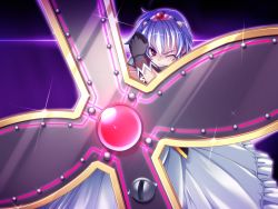 1girl blue_hair dress female_focus game_cg liesel_hansel princess_waltz red_eyes shield short_hair solo tiara