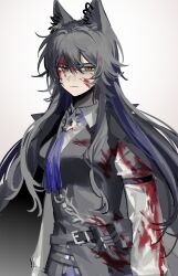 Rule 34 | 1girl, absurdres, animal ear piercing, animal ears, arknights, black hair, black vest, blood, blood on clothes, blood on face, blue gloves, blue hair, chinese commentary, collared shirt, commentary request, empty eyes, fingerless gloves, frown, glaring, gloves, highres, jsjdndhidnshssj, long hair, long sleeves, looking at viewer, messy hair, multicolored hair, shirt, simple background, solo, streaked hair, texas (arknights), texas the omertosa (arknights), upper body, vest, white background, white shirt, wolf ears, wolf girl, yellow eyes