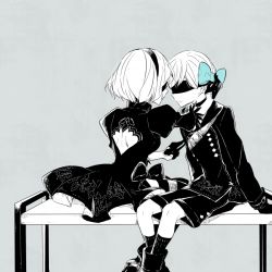 Rule 34 | 1boy, 1girl, blindfold, blue bow, boots, bow, breasts, couple, facing another, feather-trimmed sleeves, gloves, grey background, hair bow, hami (lvct), juliet sleeves, knees, long sleeves, looking at another, monochrome, nier (series), nier:automata, puffy sleeves, short hair, shorts, sitting, small breasts, spot color, white hair, 2b (nier:automata), 9s (nier:automata)