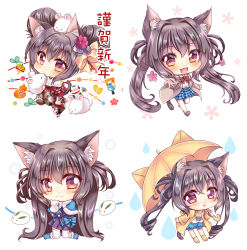 Rule 34 | 1girl, animal ear fluff, animal ears, blue capelet, blue shirt, blue skirt, blush, bow, bowtie, brown eyes, brown hair, capelet, cat ears, cat girl, cat tail, chibi, commentary request, hair between eyes, highres, holding, holding umbrella, jacket, japanese clothes, kimono, long hair, looking at viewer, mouse (animal), multiple views, nekofish666, open clothes, open jacket, open mouth, original, outstretched arm, plaid, plaid skirt, pleated skirt, raincoat, red neckwear, shirt, skirt, snow rabbit, tail, twintails, umbrella, white legwear, white shirt