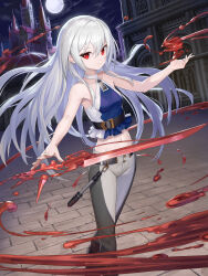 Rule 34 | 1girl, absurdres, bare arms, blood, blood splatter, breasts, closed mouth, collarbone, commission, floating hair, full moon, grey pants, hair between eyes, highres, long hair, looking at viewer, midriff, moon, mytea (soso), navel, night, original, outdoors, pants, red eyes, shirt, skeb commission, sleeveless, sleeveless shirt, small breasts, solo, standing, stomach, sword, very long hair, weapon, white hair