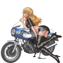 Rule 34 | 1girl, absurdres, biker clothes, bikesuit, blonde hair, bodysuit, boots, curly hair, ducati, highres, knee boots, long hair, purple eyes, thigh boots, thighhighs, yuta0toku