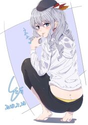 Rule 34 | 1girl, :p, ass, barefoot, black headwear, black pantyhose, blue eyes, blush, butt crack, dated, drill hair, finger to mouth, grey hair, hair ribbon, highres, hood, hoodie, kantai collection, kashima (kancolle), ld (luna dial398), long hair, long sleeves, looking at viewer, panties, pants, panty peek, pantyhose, pantyslip, ribbon, sidelocks, solo, squatting, tight clothes, tight pants, tongue, tongue out, underwear, white hoodie, yellow panties, yoga pants