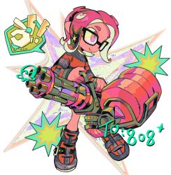 Rule 34 | !, 1girl, bakori514 (h akka), black-framed eyewear, character request, closed mouth, commentary, full body, heavy splatling (splatoon), highres, holding, holding weapon, inkling player character, long sleeves, nintendo, octoling, octoling girl, octoling player character, ok sign, pink eyes, pink hair, simple background, smile, solo, splatoon (series), spoken exclamation mark, symbol-only commentary, tentacle hair, weapon