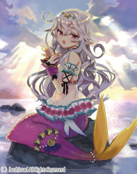 Rule 34 | 1girl, bare shoulders, cardfight!! vanguard, cloud, company name, grey hair, hairband, mermaid, midriff, miyoshino, monster girl, official art, open mouth, pointy ears, red eyes, rock, sailor&#039;s medley nasha, sky, solo, sparkle, star (symbol), water