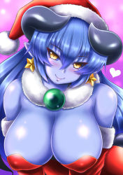 Rule 34 | 1girl, astaroth (shinrabanshou), bare shoulders, blue hair, blue sclera, blue skin, blush, breasts, christmas, cleavage, closed mouth, colored sclera, colored skin, covered erect nipples, demon girl, demon horns, detached sleeves, dress, earrings, fur trim, hair between eyes, hat, heart, horns, jewelry, kittan (cve27426), large breasts, leaning forward, pointy ears, red dress, santa hat, shinrabanshou, shiny skin, smile, solo, star (symbol), star earrings, tsurime, upper body, yellow eyes
