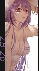 Rule 34 | 1girl, bad id, bad pixiv id, breasts, character name, cleavage, collarbone, competition swimsuit, girls&#039; frontline, hand on headwear, highres, large breasts, long hair, looking at viewer, official alternate costume, one-piece swimsuit, open mouth, purple eyes, purple hair, rabb horn, solo, swimsuit, upper body, wet, white background, white headwear, white one-piece swimsuit, zb-26 (girls&#039; frontline), zb-26 (nook of ephemeral dreams) (girls&#039; frontline)