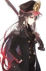 Rule 34 | 1girl, belt, black gloves, black hair, buttons, chibirisu, coat, commentary request, double-breasted, fate/grand order, fate (series), from side, gloves, gun, hand in pocket, hat, highres, long coat, long hair, oda nobunaga (fate), oda nobunaga (koha-ace), official alternate costume, peaked cap, red eyes, rifle, simple background, single glove, solo, trench coat, trench coatblack coat, very long hair, weapon, white background