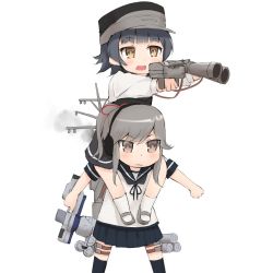 Rule 34 | 2girls, adapted turret, arare (kancolle), binoculars, black dress, black hair, black skirt, black socks, blue sailor collar, brown eyes, cannon, carrying, collared shirt, commentary request, dress, feet out of frame, grey hair, headphones, jewelry, k jie, kantai collection, kill me baby, kneehighs, long hair, long sleeves, machinery, multiple girls, parody, pinafore dress, pleated skirt, ponytail, rigging, sailor collar, school uniform, serafuku, shirt, short hair, short sleeves, shoulder carry, simple background, skirt, sleeveless, sleeveless dress, socks, third-party source, turret, usugumo (kancolle), visor cap, white background, white shirt
