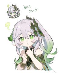 Rule 34 | 1girl, ?, asymmetrical hair, colored tips, cropped torso, cross-shaped pupils, dress, finger to own chin, genshin impact, genshin impact sticker redraw (meme), gn nanome, green eyes, hair between eyes, hair ornament, highres, leaf hair ornament, looking at viewer, medium hair, meme, multicolored hair, nahida (genshin impact), parted lips, reference inset, side ponytail, simple background, solo, symbol-shaped pupils, upper body, white background, white dress, white hair