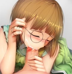 Rule 34 | 10s, 1girl, blush, brown hair, censored, cum, cum in mouth, ejaculation, erica brown, closed eyes, fellatio, freckles, ginhaha, glasses, grey background, tucking hair, mosaic censoring, oral, penis, simple background, solo focus, violet evergarden, violet evergarden (series)