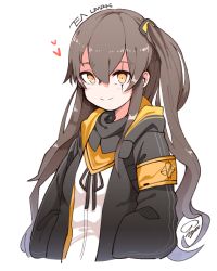 Rule 34 | 1girl, artist name, bandana, blush, brown eyes, character name, closed mouth, cropped torso, girls&#039; frontline, grey hair, hair between eyes, hands in pockets, heart, long hair, looking at viewer, one side up, scar, scar across eye, scar on face, shirt, signature, simple background, smile, solo, tosyeo, ump45 (girls&#039; frontline), upper body, wavy hair, white background, white shirt