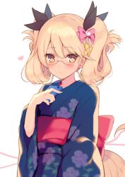 Rule 34 | 10s, 1girl, :/, alternate hairstyle, black ribbon, blonde hair, blush, bow, brown eyes, cellphone, closed mouth, eyebrows, floral print, folded hair, folded twintails, glasses, hair between eyes, hair bow, hair ribbon, heart, holding, holding phone, japanese clothes, kimono, mayachi (amuriya), obi, phone, pink bow, retoree (show by rock!!), ribbon, rimless eyewear, sash, show by rock!!, smartphone, solo, tail, white background