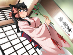 Rule 34 | 1girl, animal ears, black-framed eyewear, black hair, blue eyes, blush, breasts, closed mouth, clownculture, cosplay, from below, glasses, hair ribbon, highres, holding, indoors, japanese clothes, kimono, large breasts, long hair, looking at viewer, obi, original, otome youkai zakuro, plant, ribbon, sash, smile, solo, standing, twintails, wide sleeves, zakuro (otome youkai zakuro), zakuro (otome youkai zakuro) (cosplay)