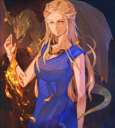 Rule 34 | 1girl, a song of ice and fire, blonde hair, braid, daenerys targaryen, dragon, dress, drogon, fire, french braid, game of thrones, jewelry, long hair, necklace, purple eyes, solo, white hair, y xin