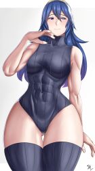 1girl abs absurdres arcedo bare_shoulders blue_eyes blue_hair blush breasts covered_abs covered_navel curvy embarrassed fire_emblem fire_emblem_awakening gluteal_fold grey_background heattech_leotard highres leotard long_hair looking_to_the_side lucina_(fire_emblem) medium_breasts muscular muscular_female nintendo simple_background skin_tight solo thick_thighs thigh_gap thighhighs thighs turtleneck wide_sleeves