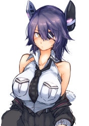Rule 34 | 1girl, bare shoulders, blouse, blush, breasts, checkered necktie, closed mouth, eyepatch, hair between eyes, highres, impossible clothes, kantai collection, large breasts, looking at viewer, medium hair, necktie, purple hair, shiragiku1991, shirt, simple background, sleeveless, sleeveless shirt, solo, tenryuu (kancolle), tenryuu kai ni (kancolle), white background, white shirt, yellow eyes