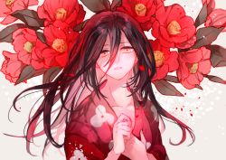 Rule 34 | 1girl, black hair, blurry, dororo (tezuka), eyelashes, floral background, floral print, flower request, hair between eyes, japanese clothes, kimono, long hair, looking at viewer, mio (dororo), parted lips, petals, red kimono, red theme, sad, sakuramochi1003, solo, upper body