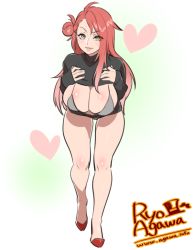 Rule 34 | 1girl, agawa ryou, artist name, breasts, cleavage, clothes lift, full body, green eyes, heart, huge breasts, leaning forward, long hair, looking at viewer, parted lips, red hair, shirt, shirt lift, smile, solo, standing, watermark, web address