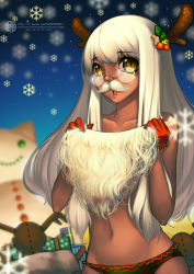 Rule 34 | 10s, 1girl, 2011, antlers, bad id, bad pixiv id, christmas, costume, dark-skinned female, dark skin, fake beard, fake facial hair, fake mustache, fiodo, gift, glasses, gloves, holly, horns, long hair, navel, open mouth, original, panties, red gloves, reindeer, snowing, solo, striped clothes, striped panties, underwear, white hair, yellow eyes
