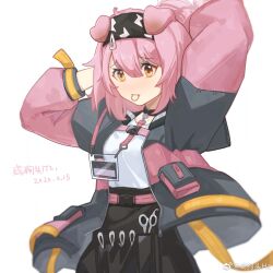 Rule 34 | 1girl, animal ears, arknights, arms up, artist name, black hairband, black jacket, black skirt, blush, breasts, cat ears, cat girl, cowboy shot, dated, floppy ears, goldenglow (arknights), hair between eyes, hair ornament, hair tie in mouth, hairband, hairclip, high-waist skirt, highres, id card, jacket, lanyard, lightning bolt print, long hair, long sleeves, mouth hold, multicolored clothes, multicolored jacket, pink jacket, print hairband, scissors, shirt, shirt tucked in, simple background, skirt, small breasts, solo, two-tone jacket, weibo logo, weibo watermark, white background, white shirt, xian goutou hz, yellow eyes