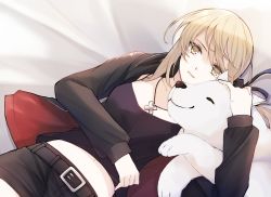 Rule 34 | 1girl, artoria pendragon (all), artoria pendragon (fate), bed sheet, belt, belt buckle, black belt, black bow, black jacket, black shirt, black shorts, blonde hair, bow, breasts, buckle, collarbone, dog, fate/stay night, fate (series), hair between eyes, hair bow, jacket, jewelry, long hair, long sleeves, lying, maru (pixiv51714255), midriff, navel, necklace, on back, open clothes, open jacket, parted lips, ponytail, saber alter, saber alter (ver. shinjuku 1999) (fate), shirt, short shorts, shorts, small breasts, solo, stomach, yellow eyes