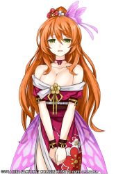 Rule 34 | 1girl, bare shoulders, bow, bowtie, breasts, cleavage, company connection, company name, copyright name, fairy fencer f, fairy wings, floral print, green eyes, hair ornament, japanese clothes, kimono, long hair, looking at viewer, obi, official art, open mouth, orange hair, sash, short sleeves, simple background, solo, tsunako, very long hair, white background, wings, wrist cuffs