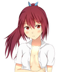 Rule 34 | 10s, 1girl, bad id, bad pixiv id, blush, breasts, chamu (tdjcham), cleavage, free!, long hair, looking at viewer, matsuoka gou, open clothes, open shirt, red eyes, red hair, shirt, simple background, solo, white background, white shirt