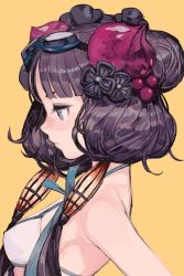 Rule 34 | 1girl, bare shoulders, bikini, bikini top only, black hair, blunt bangs, bra, breasts, expressionless, fate/grand order, fate (series), flower, goggles, goggles on head, hair flower, hair ornament, hungry clicker, jewelry, katsushika hokusai (fate), looking away, profile, short hair with long locks, simple background, small breasts, solo, swimsuit, underwear, white bikini, yellow background