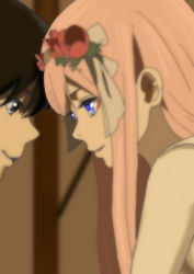 Rule 34 | 10s, 1boy, 1girl, black hair, commentary request, couple, darling in the franxx, face-to-face, facing another, flower, forehead-to-forehead, fringe trim, hair flower, hair ornament, heads together, hetero, highres, hiro (darling in the franxx), horns, kimu ryouma, long hair, looking at another, nightgown, oni horns, pink hair, purple eyes, red horns, short hair, zero two (darling in the franxx)