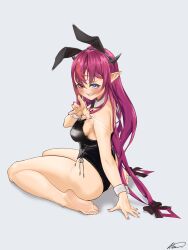 Rule 34 | 1girl, absurdres, aiharararara, animal ears, barefoot, blue eyes, blush, detached collar, fake animal ears, feet, grin, heterochromia, highres, hololive, hololive english, irys (hololive), leotard, long hair, looking at viewer, playboy bunny, pointy ears, rabbit ears, red eyes, red hair, smile, soles, toes, virtual youtuber