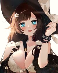 1girl adjusting_hair belt between_breasts bikini black_hat bow breasts brown_hair cleavage flower granblue_fantasy hair_flower hair_ornament hat hat_bow highres large_breasts raziel_(granblue_fantasy) raziel_(summer)_(granblue_fantasy) solo strap_between_breasts swimsuit white_bikini yori_(y_rsy)