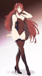 1girl absurdres arm_up artist_name bare_arms bare_shoulders black_footwear breasts cleavage collarbone cordelia_(fire_emblem) covered_navel fire_emblem fire_emblem_awakening full_body gradient_background hair_between_eyes hand_in_own_hair high_heels highres large_breasts leotard long_hair looking_at_viewer nintendo parted_lips r3dfive red_background red_eyes red_hair red_leotard red_thighhighs signature solo standing thighhighs underwear very_long_hair white_background wing_hair_ornament