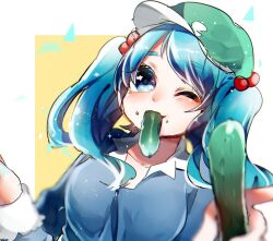Rule 34 | 1girl, blue dress, blue eyes, blue hair, breasts, cabbie hat, cleavage, collar, collarbone, collared dress, crumbs, cucumber, dress, eating, eyelashes, food, green hat, hair bobbles, hair ornament, hat, holding, holding food, kawashiro nitori, light blush, long sleeves, looking at viewer, medium breasts, medium hair, mouth hold, one eye closed, outstretched arm, smile, solo, suzune hapinesu, touhou, triangle, twintails, upper body, white background, white collar
