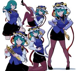 Rule 34 | 1girl, black footwear, black pantyhose, black skirt, blue eyes, blue hat, blue vest, breasts, closed mouth, epaulettes, frilled hat, frills, green hair, hand on own hip, hands on own hips, hat, high heels, holding, iganashi1, juliet sleeves, kneeling, leaning forward, leg up, long sleeves, medium breasts, medium hair, multiple views, naughty face, pantyhose, pencil skirt, puffy sleeves, ribbon-trimmed skirt, ribbon trim, rod of remorse, shiki eiki, shirt, simple background, skirt, smile, solo, standing, touhou, unworn hat, unworn headwear, vest, white background, white shirt
