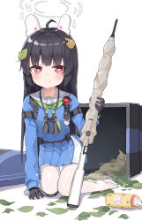 Rule 34 | 1girl, absurdres, animal ears, black gloves, black hair, blue archive, blue skirt, blunt bangs, bottle, commentary request, eyes visible through hair, fake animal ears, gloves, gun, hair between eyes, hair intakes, hairband, halo, highres, holding, holding gun, holding weapon, kneeling, leaf, leaf on head, long hair, long sleeves, looking at viewer, miyu (blue archive), pantyhose, pleated skirt, rabbit ears, recycle bin, red eyes, rifle, school uniform, serafuku, sidelocks, skirt, smile, sniper rifle, solo, water bottle, weapon, white pantyhose, yeolyeo