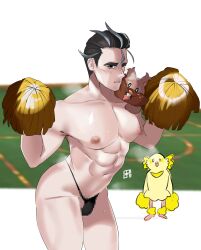 Rule 34 | 1boy, 95 guo, abs, absurdres, black hair, blush, censored, collarbone, commentary request, cowboy shot, creatures (company), game freak, gen 7 pokemon, gen 8 pokemon, greedent, grey hair, hands up, highres, holding, holding pom poms, korean commentary, large pectorals, larry (pokemon), male focus, male pubic hair, mosaic censoring, multicolored hair, nintendo, nipples, oricorio, oricorio (pom-pom), parted lips, pectorals, pokemon, pokemon (creature), pokemon sv, pom pom (cheerleading), pom poms, pubic hair, pubic hair peek, short hair, steam, streaked hair, sweat, topless male, two-tone hair