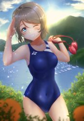 Rule 34 | 1girl, absurdres, blue eyes, blue one-piece swimsuit, blurry, bush, competition swimsuit, covered navel, cowboy shot, depth of field, goggles, unworn goggles, grey hair, grin, highres, logo, looking at viewer, love live!, love live! sunshine!!, mountain, one-piece swimsuit, panaham, salute, short hair, smile, solo, sunrise, swimsuit, watanabe you, water