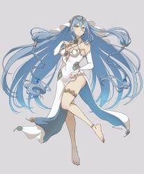 Rule 34 | 1girl, alternate costume, anklet, azura (fire emblem), bad anatomy, bare shoulders, barefoot, blue hair, blue nails, braid, breasts, bridal gauntlets, chinese clothes, commentary, covered navel, detached sleeves, dress, fingernails, fire emblem, fire emblem fates, full body, grey background, hair between eyes, hand on own chest, highres, jewelry, karashino, long hair, looking at viewer, medium breasts, nail polish, nintendo, panties, pendant, simple background, smile, solo, thighs, toenails, twitter username, underwear, veil, very long hair, white dress, white panties, white sleeves, yellow eyes