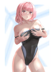Rule 34 | 1girl, absurdres, black one-piece swimsuit, breast hold, breasts, brown eyes, cleavage, clothes pull, commentary request, competition swimsuit, contrapposto, covered navel, highleg, highleg swimsuit, highres, large breasts, looking at viewer, mashinatsu, one-piece swimsuit, one-piece swimsuit pull, original, pink eyes, short hair, solo, standing, swimsuit, two-tone swimsuit