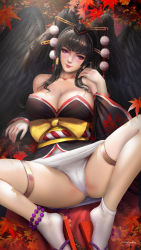 Rule 34 | 1girl, ankle socks, anklet, autumn leaves, bare shoulders, black hair, black wings, blush, bow, breasts, cameltoe, cleavage, collarbone, dead or alive, dead or alive 5, eyelashes, eyeliner, feathered wings, fingernails, geta, hair ornament, hair stick, hair tubes, hand on own shoulder, hat, highres, hime cut, japanese clothes, jewelry, large bow, large breasts, leaf, legs, light smile, lips, looking at viewer, lying, makeup, maple leaf, medium hair, mole, mole under mouth, nail polish, nyotengu, obi, on back, panties, pantyshot, partially visible vulva, pink nails, purple eyes, cameltoe, red lips, sandals, sash, socks, solo, spread legs, tengu, thigh strap, tokin hat, turewindwalker, underwear, white panties, white socks, wide sleeves, wings, yellow bow