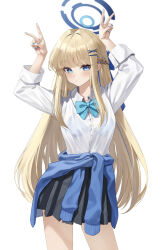 Rule 34 | 1girl, 29hyeon, absurdres, arms up, black skirt, blonde hair, blue archive, blue bow, blue bowtie, blue bra, blue eyes, blue hair, blush, bow, bowtie, bra, braid, buttons, cardigan, cardigan around waist, closed mouth, clothes around waist, collared shirt, cowboy shot, double v, hair ornament, halo, highres, long hair, long sleeves, looking at viewer, multicolored hair, pleated skirt, see-through, see-through shirt, shirt, simple background, skirt, solo, streaked hair, toki (blue archive), underwear, v, white background, white shirt, x hair ornament