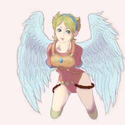 Rule 34 | 1girl, angel wings, aqua eyes, armor, blonde hair, boots, breath of fire, breath of fire i, feathered wings, hairband, highres, leotard, looking at viewer, nina (breath of fire i), open mouth, red leotard, satori ill, short hair, simple background, smile, solo, thighhighs, white wings, wings