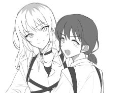 Rule 34 | 2girls, chest harness, closed mouth, collared shirt, commentary request, fang, girls band cry, greyscale, harness, highres, iseri nina, kawaragi momoka, korean commentary, long sleeves, looking at viewer, monochrome, multiple girls, open mouth, shirt, short twintails, smile, twintails, upper body, yong050527
