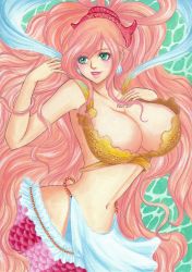 Rule 34 | 1girl, absurdres, breasts, breasts out, cleavage, highres, large breasts, long hair, one piece, pink hair, shirahoshi, smile, underboob